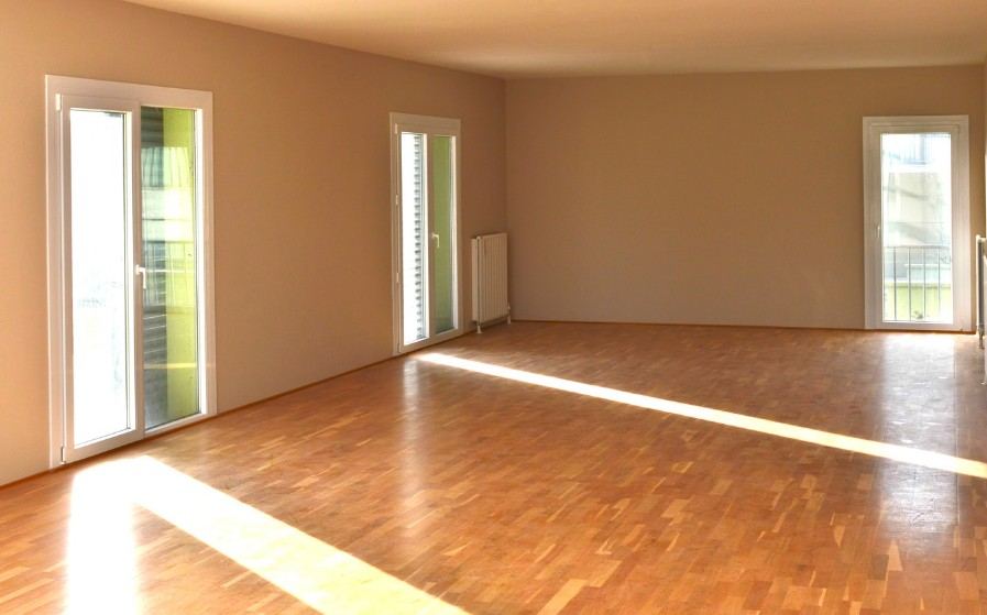 Vaciado de pisos Salón vacío con suelo de parquet iluminado por el sol tras el vaciado del piso — Vaciado de pisos